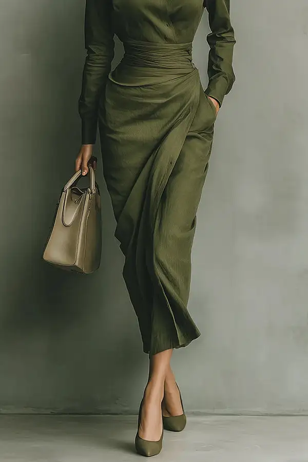 Elegant Asymmetric Long Sleeve And Midi Skirt Set