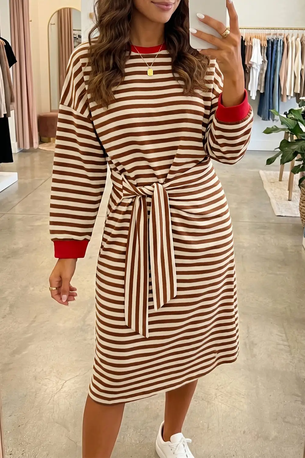 Women's Striped Colorblock Round Neck Long Sleeve Mini Dress