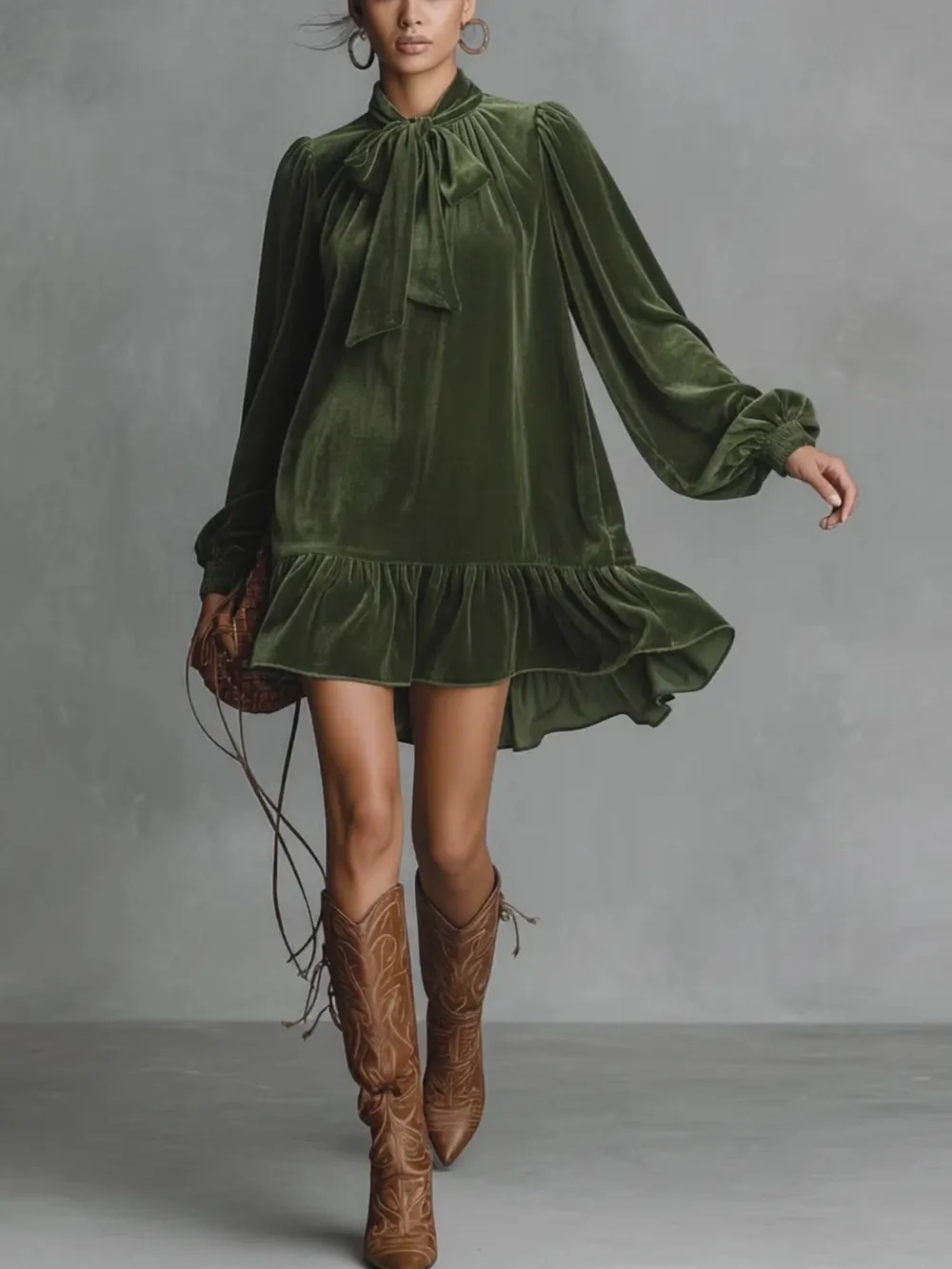 Tie Neck Loose Velvet Heyb Mini Dress