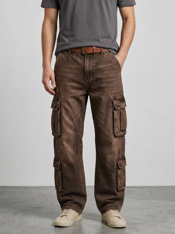 Men's Vintage Distressed Compass Printed Cargo Jeans