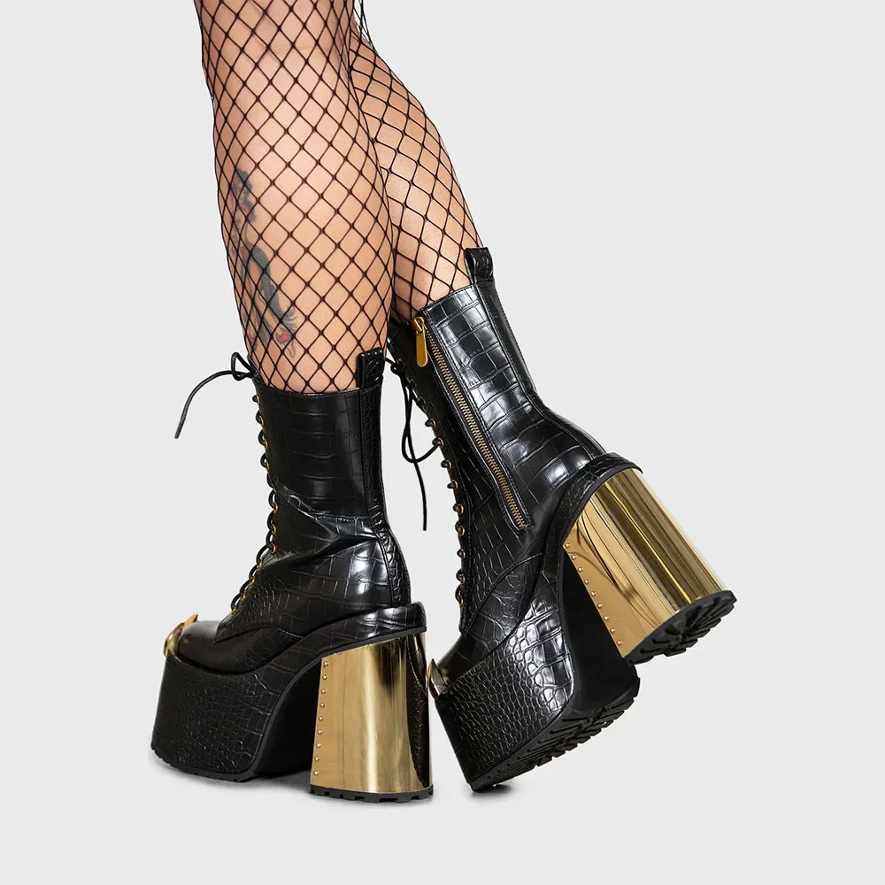 Faux-Leather Crocodile-Embossed Studded Lace-Up Ankle Boots