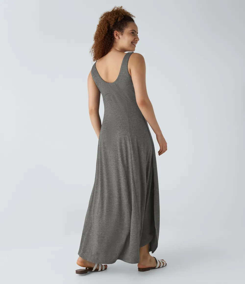 U Neck Backless Split Flowy Maxi Casual Tank Dress