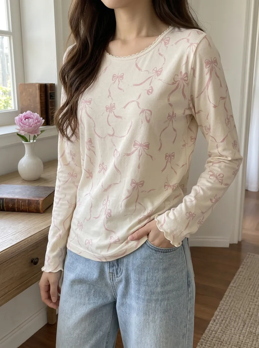 Women's Coquette Aesthetic Pink Bow Printed Long Sleeve Top