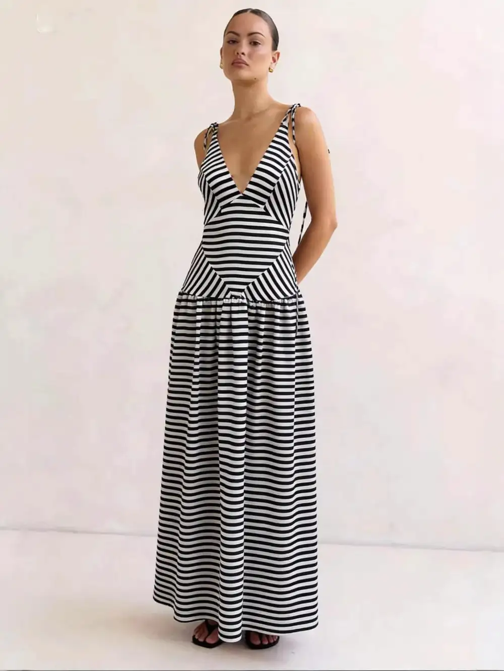 Striped V Neck Maxi Dress