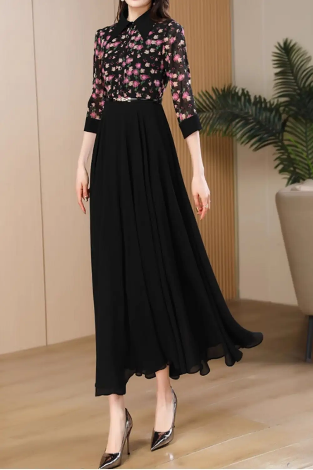 Floral Polyester Lapel Collar Three Quarter Sleeve Maxi Dress