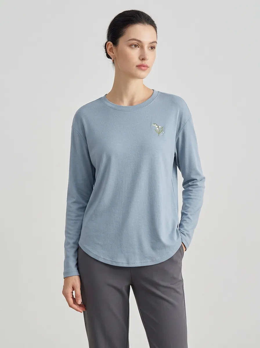 Women's Lily-of-the-Valley Embroidered Long-Sleeve Crew-Neck T-Shirt