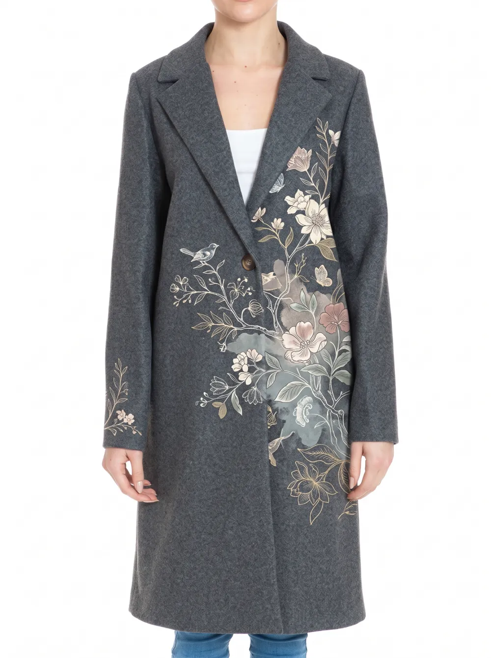 Women's Front Panel Floral Bird Nature Lover Wool Coat