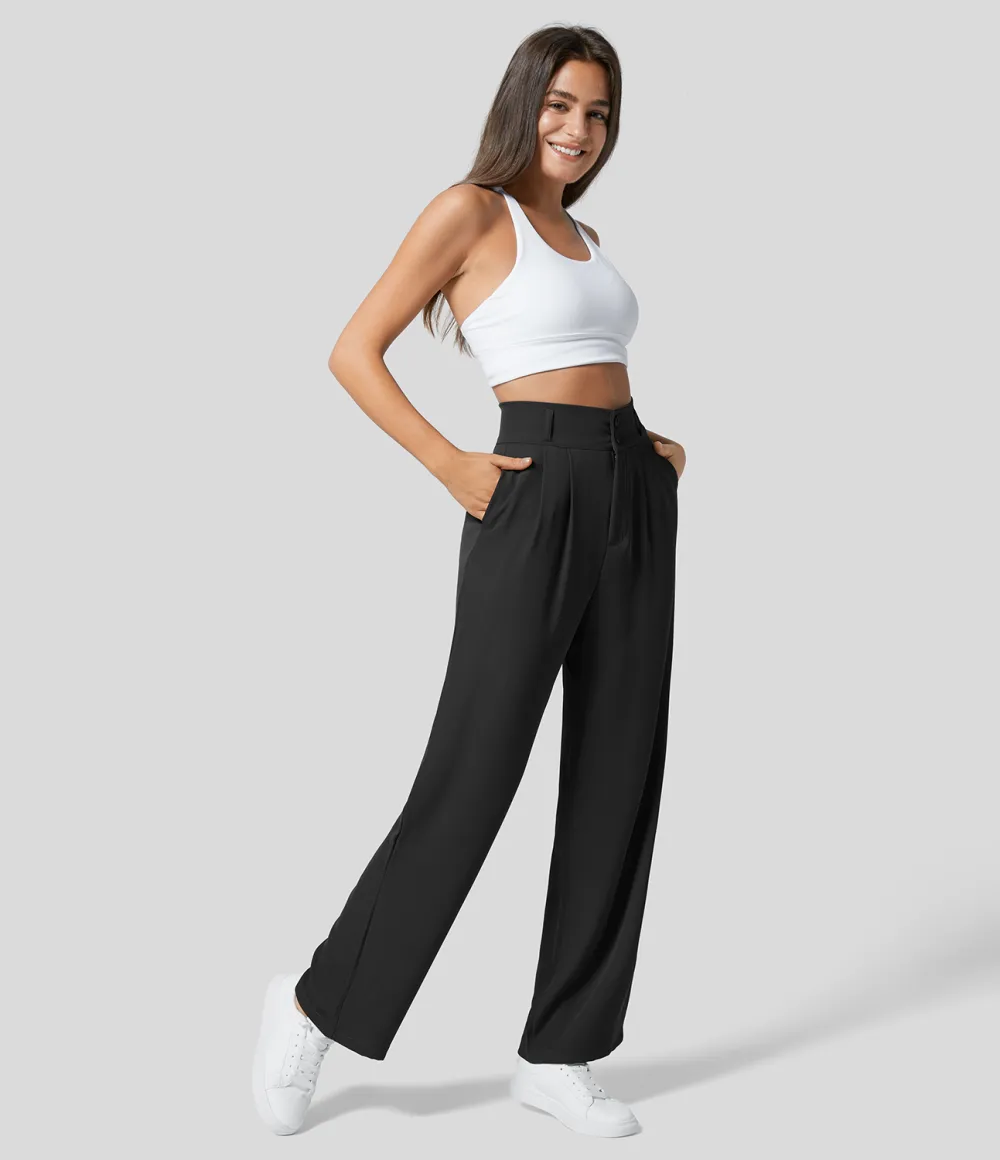 High Waisted Button Zipper Plicated Side Pocket Shirred Straight Leg Work Pants