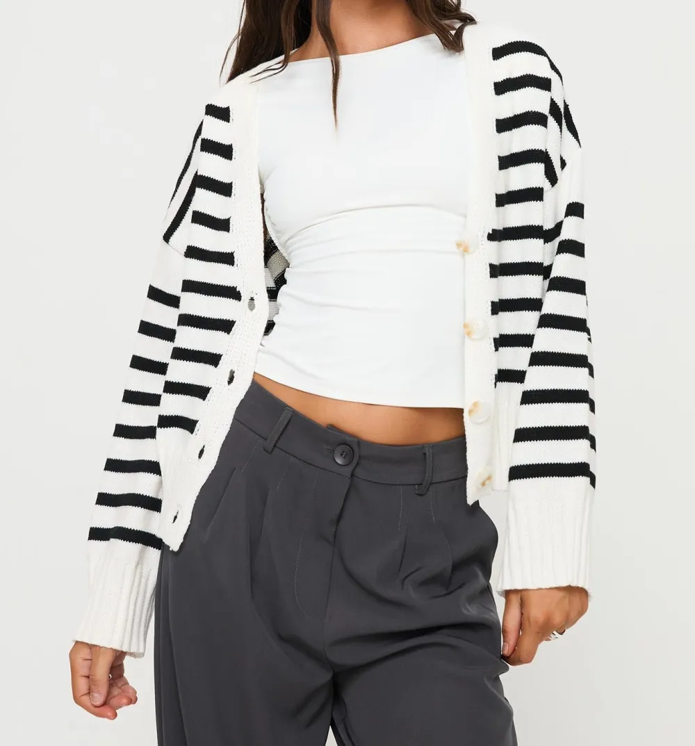 Cream and Black Striped Ribbed Cardigan