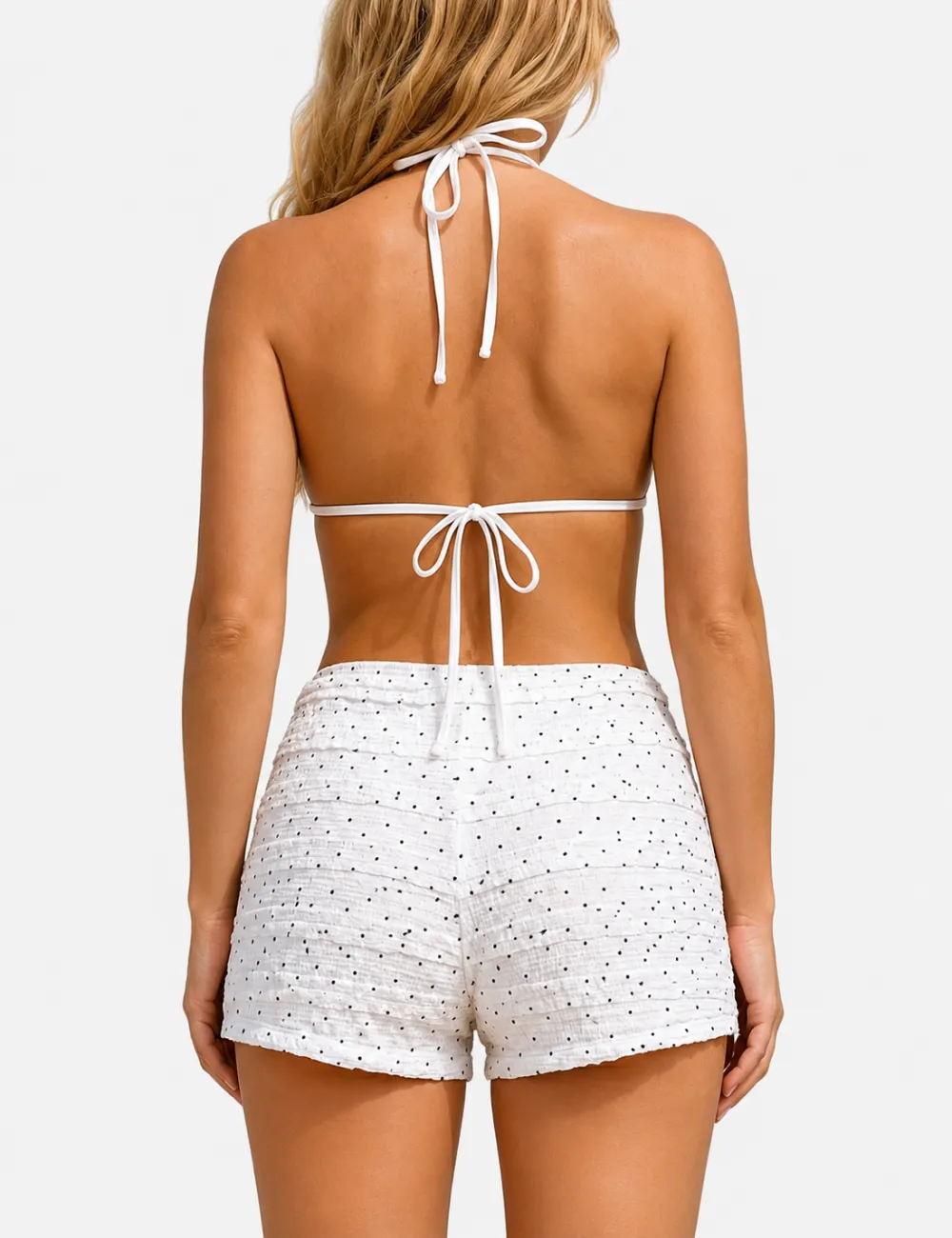 Polka Dots Ruffled Smocked Triangle Halter Bikini Set