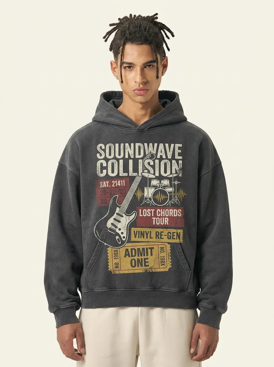 Men's Rock Music Lover Guitar Drum Printed Hoodie