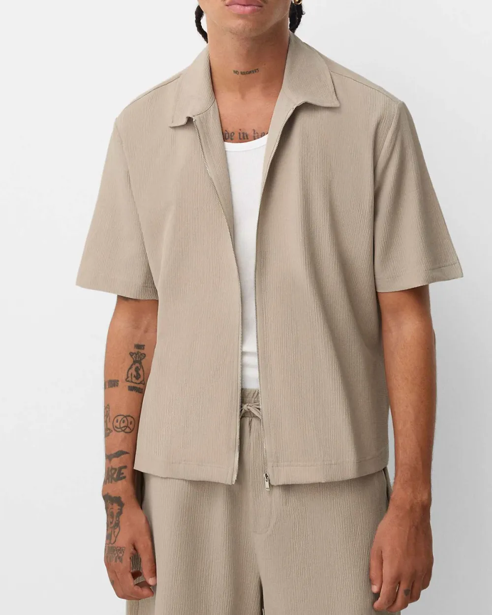 Zip Through Cotton Shirt In Khaki