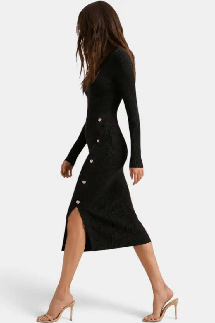 Ribbed-Knit V-Neck Midi Dress