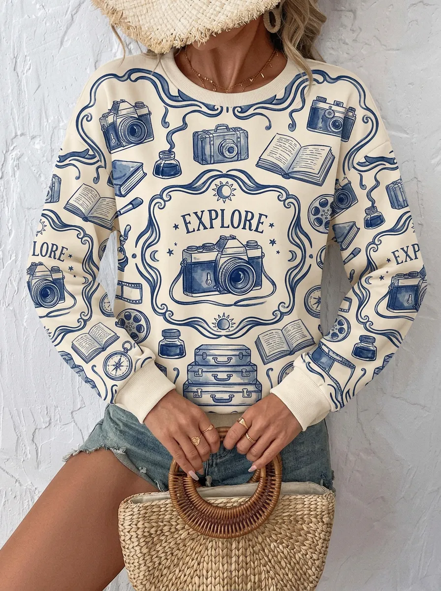 Women's Travel Explorer Camera Book Pattern Graphic Sweatshirt