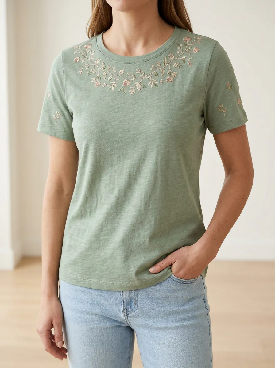 Everyday Floral Print Embroidered Detail Women's Short Sleeve Jersey Tee