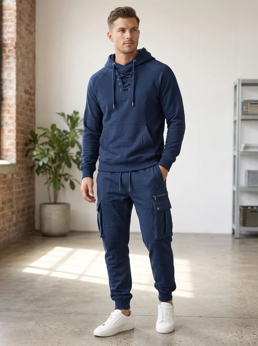 Core Lace-Up Multi Pocket Shape Men's Lace Up Hoodie And Cargo Jogger Set