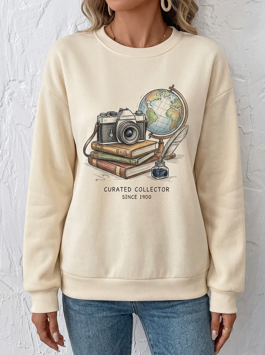 Women's Vintage Traveler Camera Globe Books Printed Sweatshirt