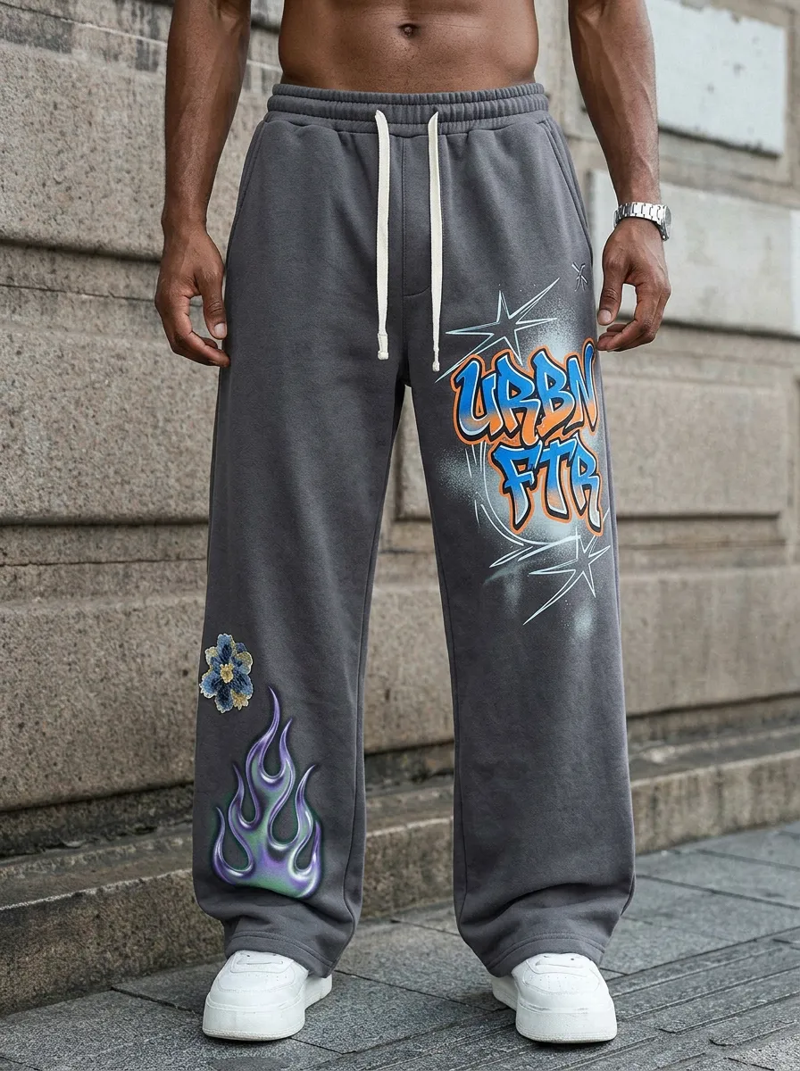 Men's Streetwear Graffiti Urban Flame Flower Printed Sweatpants