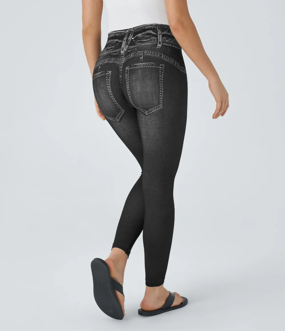 Seamless Flow High Waisted Denim Print Casual Leggings
