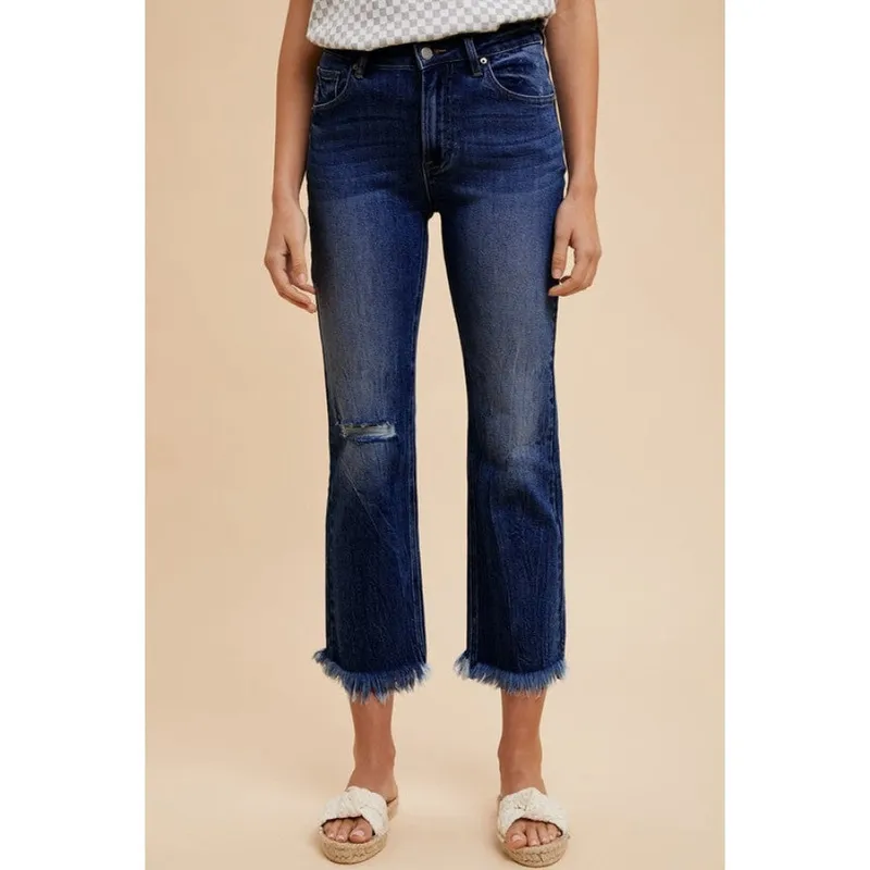 Distressed Raw-Hem Straight Leg Cropped Jeans