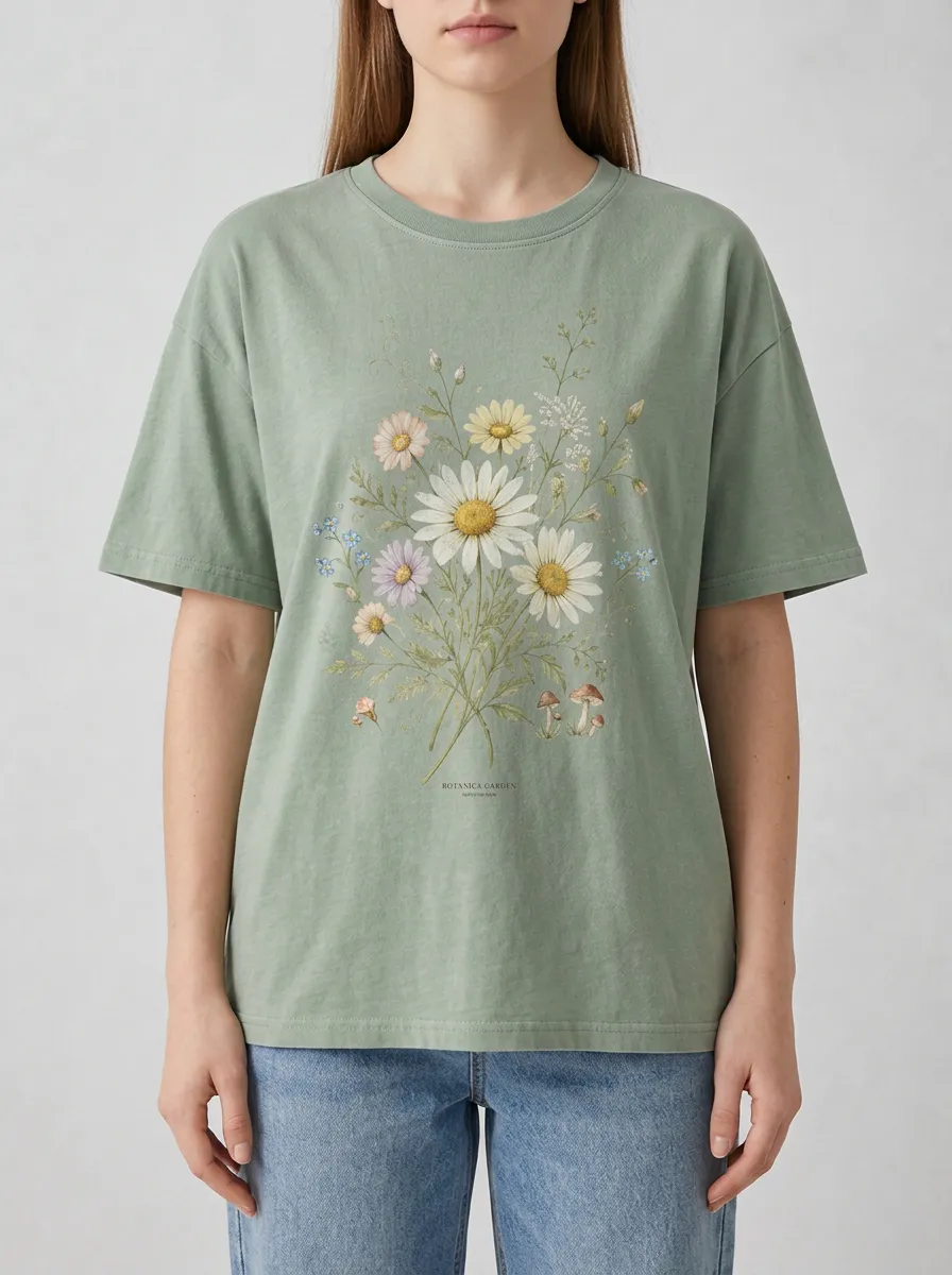 Women's Botanical Garden Lover Daisy Mushroom Printed T-shirt