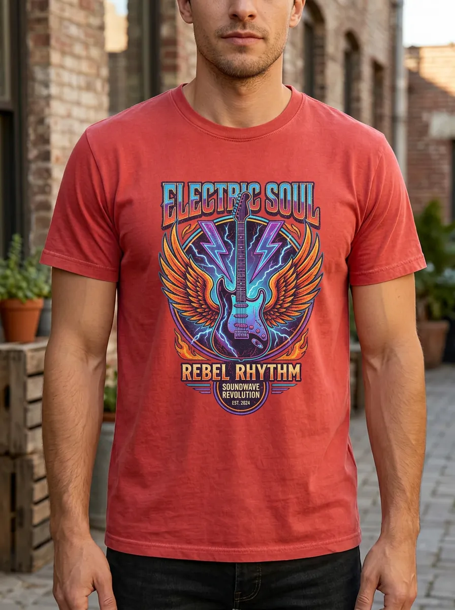 Men's Rock Music Lover Electric Guitar Wing Printed T-shirt
