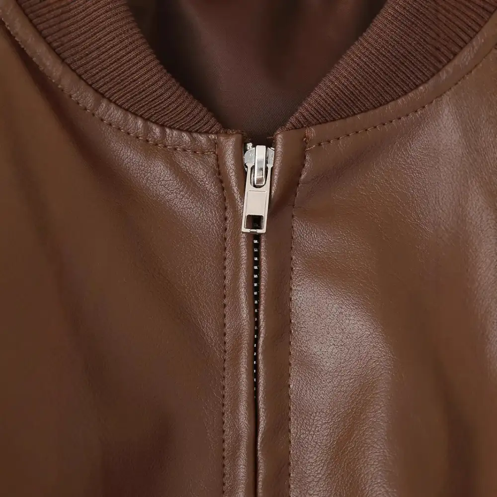 Tailored Faux Leather Zip Front Ribbed Trim Bomber Jacket