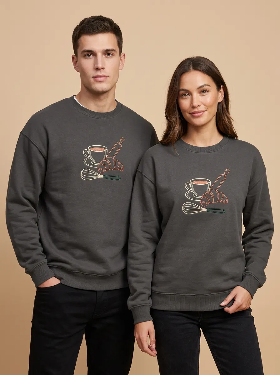 Unisex Baker Coffee Croissant Whisk Printed Sweatshirt