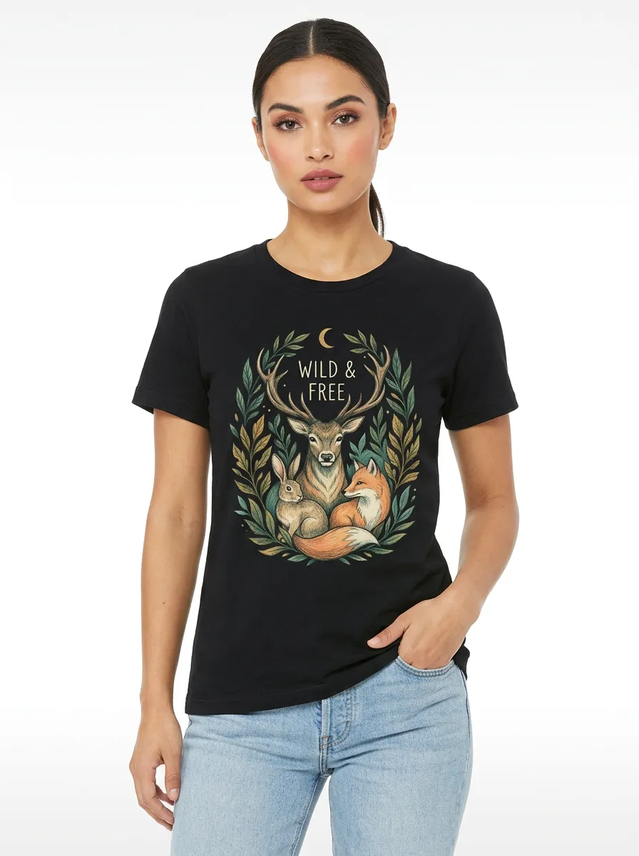 Women's Nature Lover Wild & Free Deer Rabbit Fox Printed T-shirt