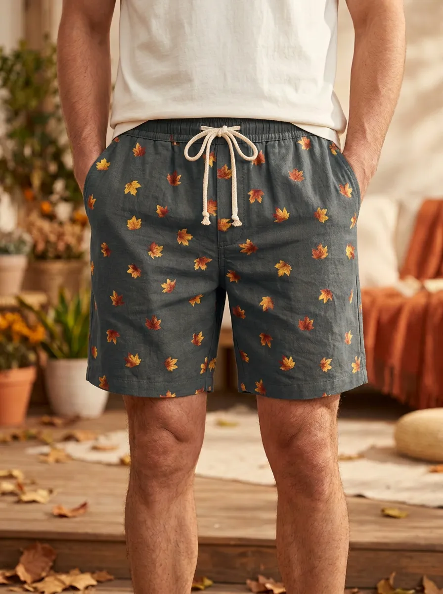 Maple Leaf Print Drawstring Braided Drawstring Shorts