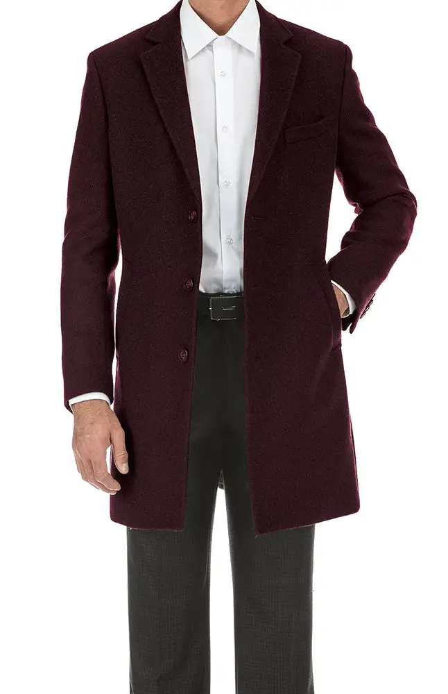 Burgundy Slim Fit Wool Notch Lapel Long Sleeve Overcoat