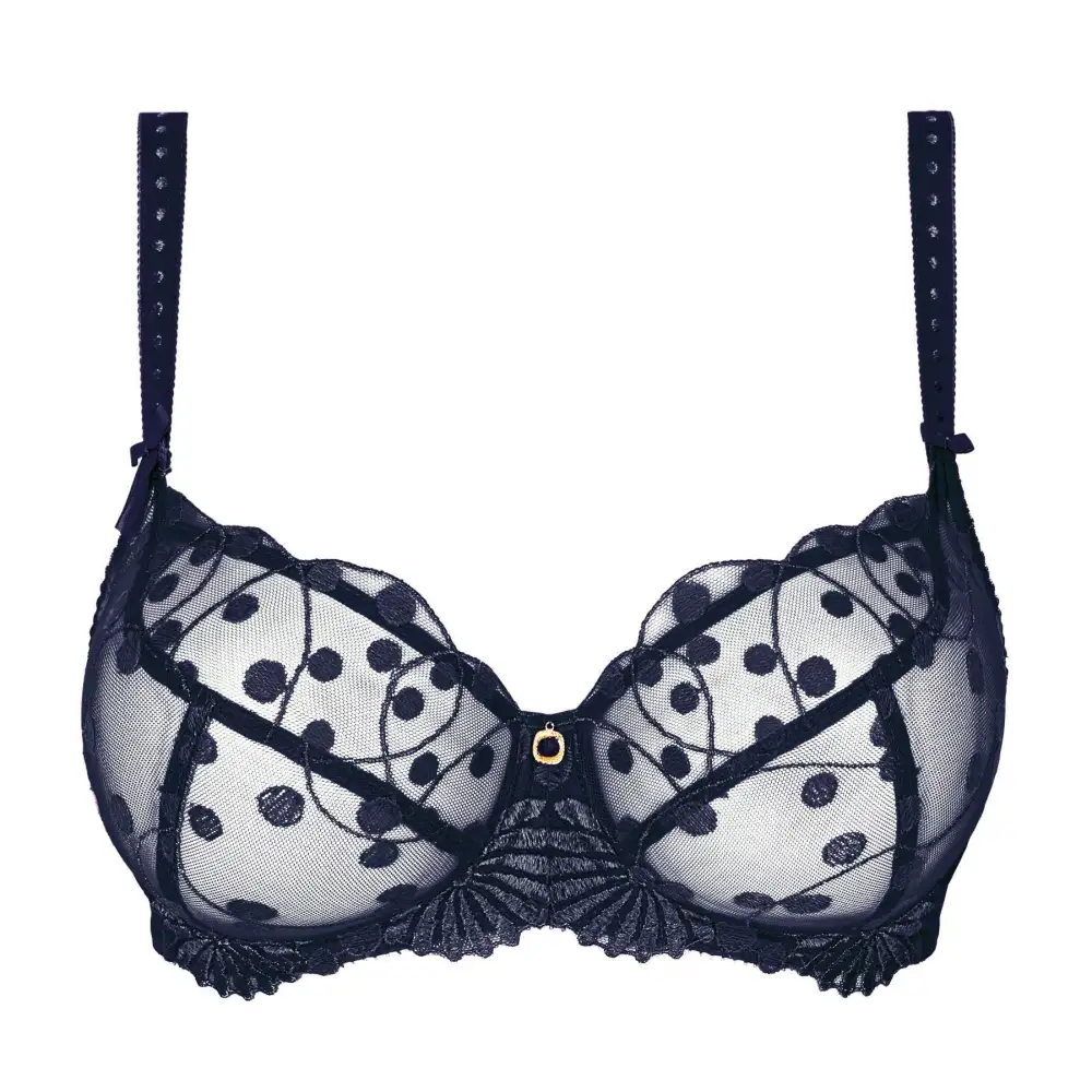Women's Full Coverage Underwire Three-Part Cup Chimney Back Embroidery Polka Dot Floral Detail Natural Shape Bra