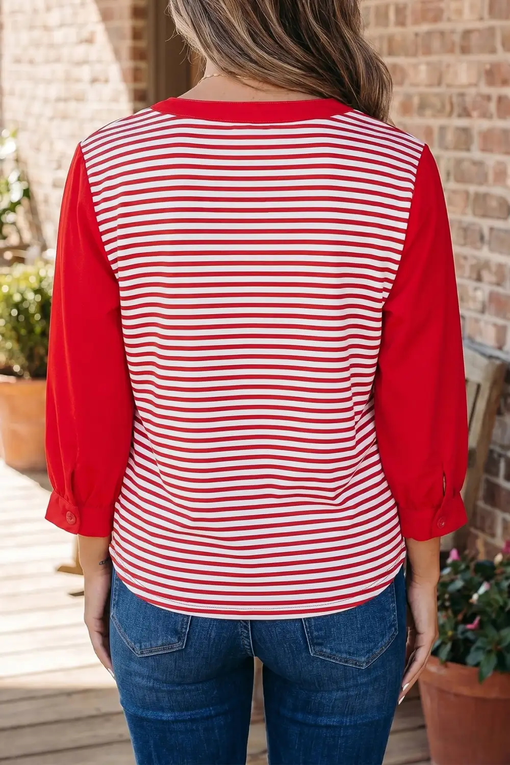 Women's Striped V Neck Three Quarter Sleeve Top