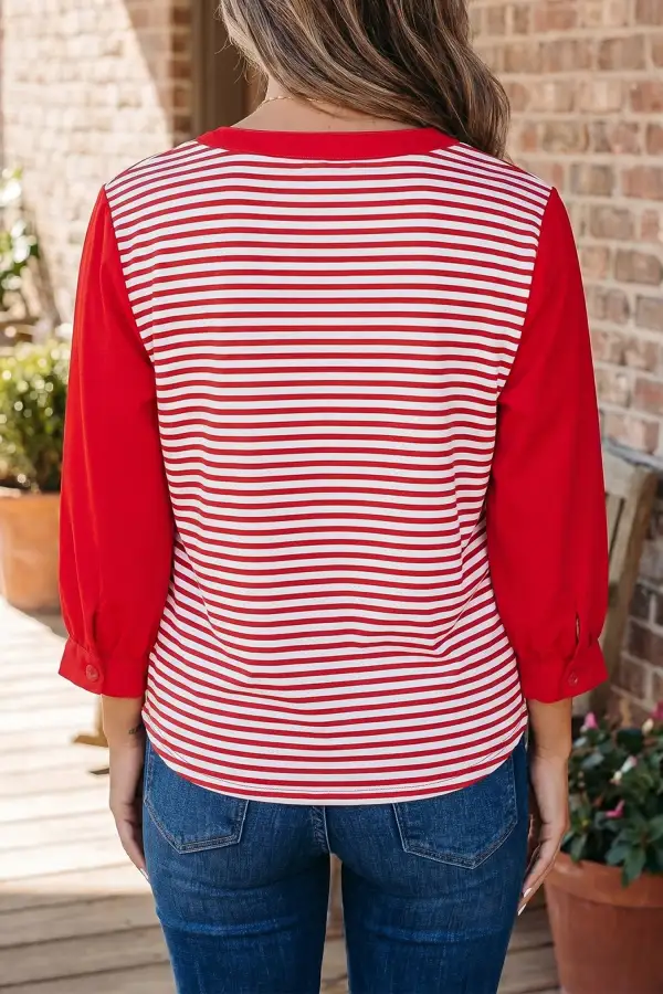 Women's Striped V Neck Three Quarter Sleeve Top