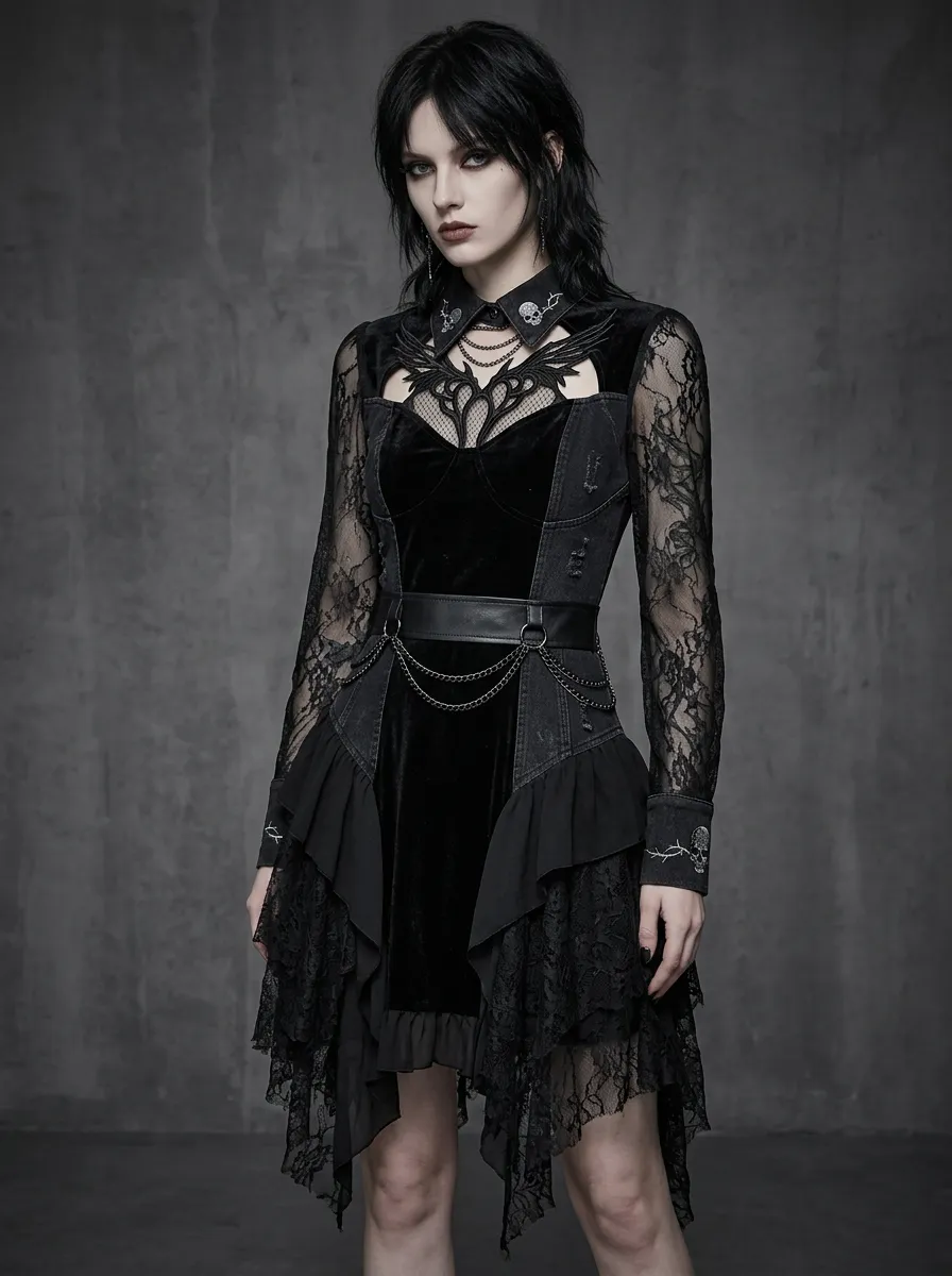 Women's Gothic Skull Lace Wing Embroidered Long Sleeve Top
