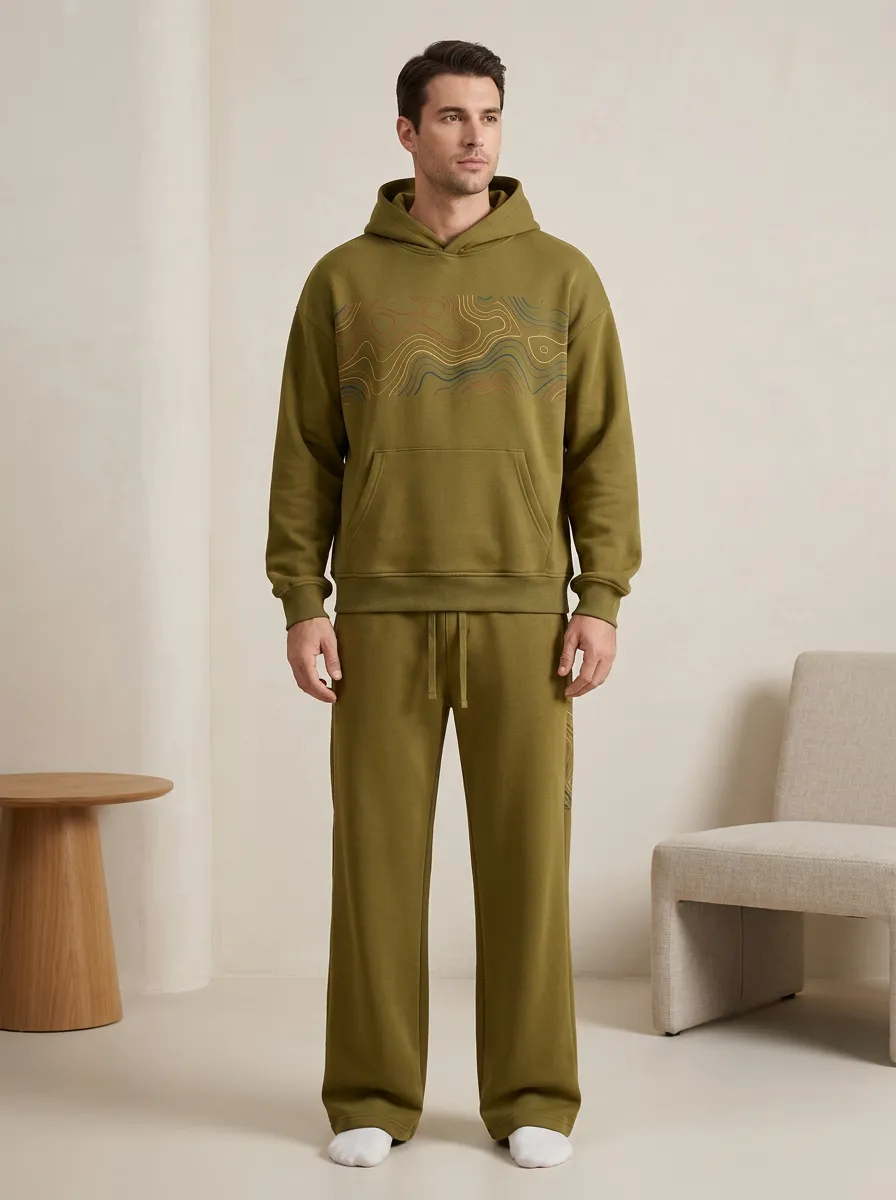 Men's Outdoor Hiking Lover Topographic Map Printed Hoodie Sweatsuit