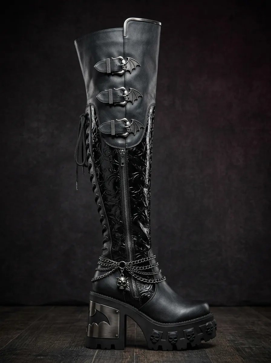 Ritual-Inspired Skull Bat Chain Profile Women's Gothic Platform Knee High Boots