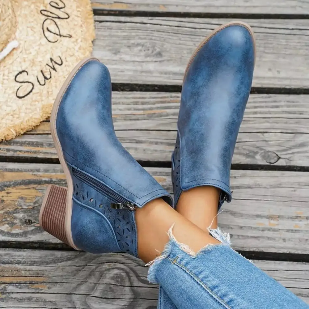Block Heel Ankle Boots with Cutout Detail