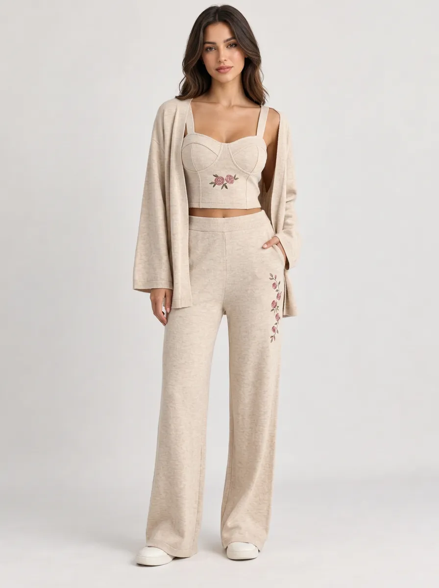 Women's Floral Embroidery Beige Knit Three-Piece Lounge Set