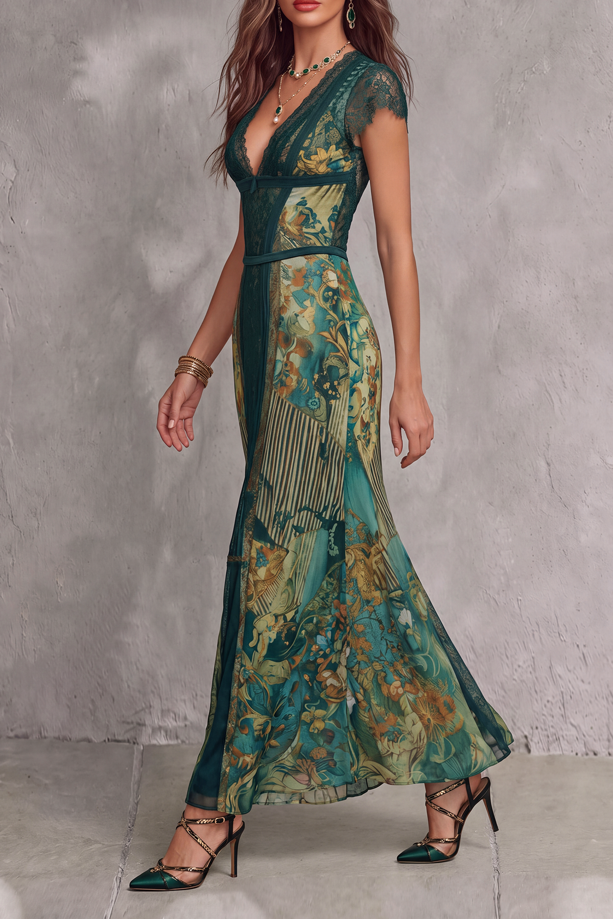 Classic Plunge Neck Lace Trim Lace Maxi Dress