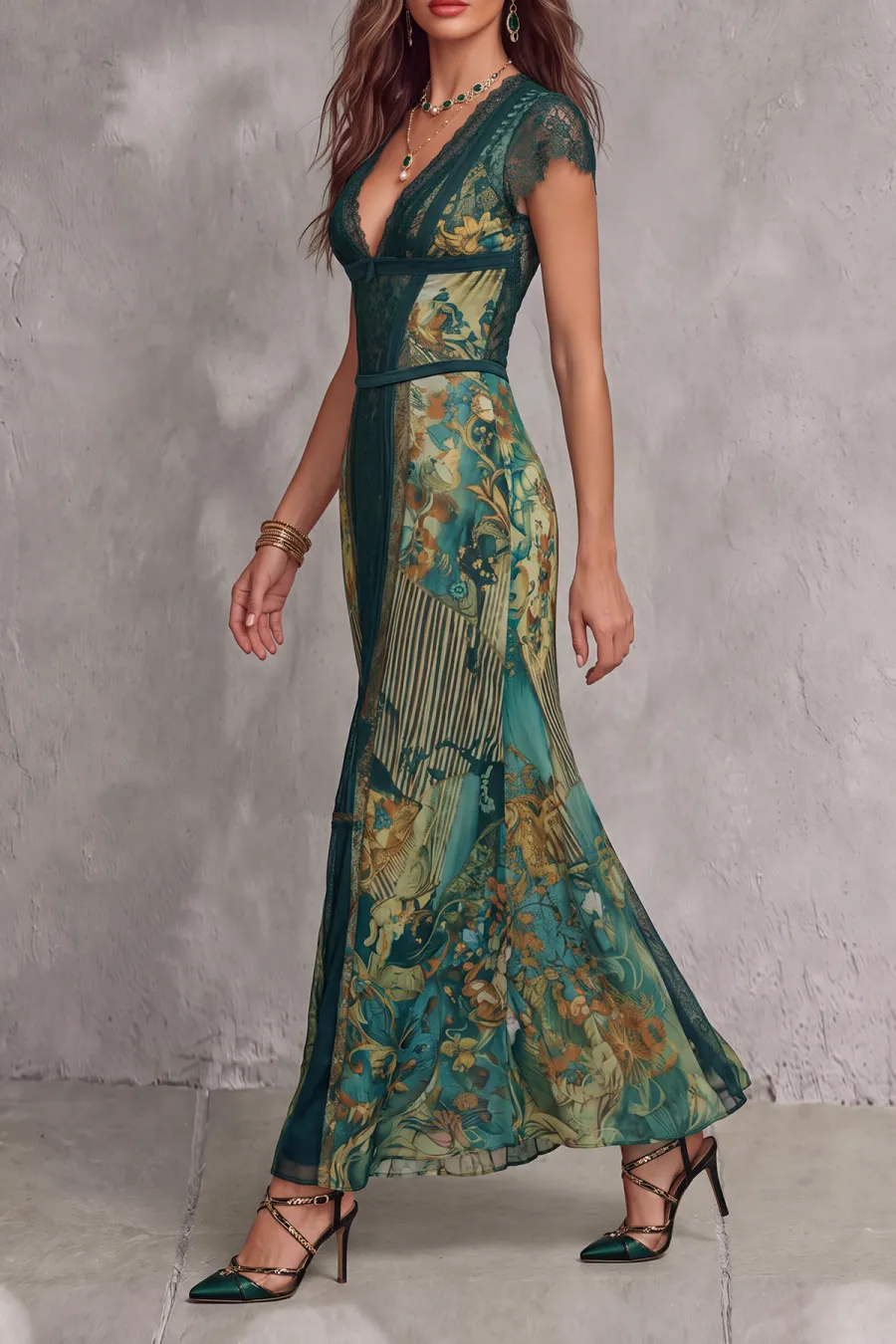 Classic Plunge Neck Lace Trim Lace Maxi Dress