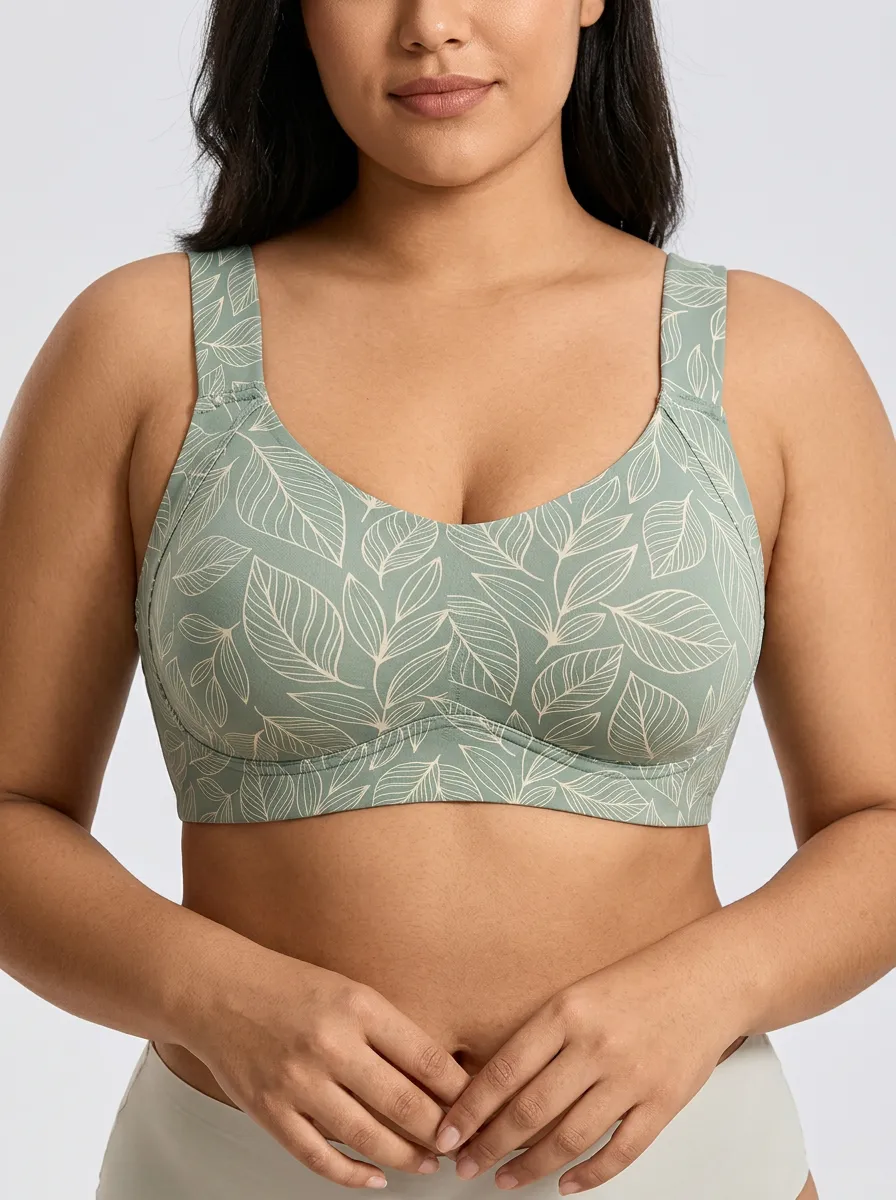 Women's Plus Size Sage Green Botanical Leaf Full-Coverage Wide-Strap Wireless Bra