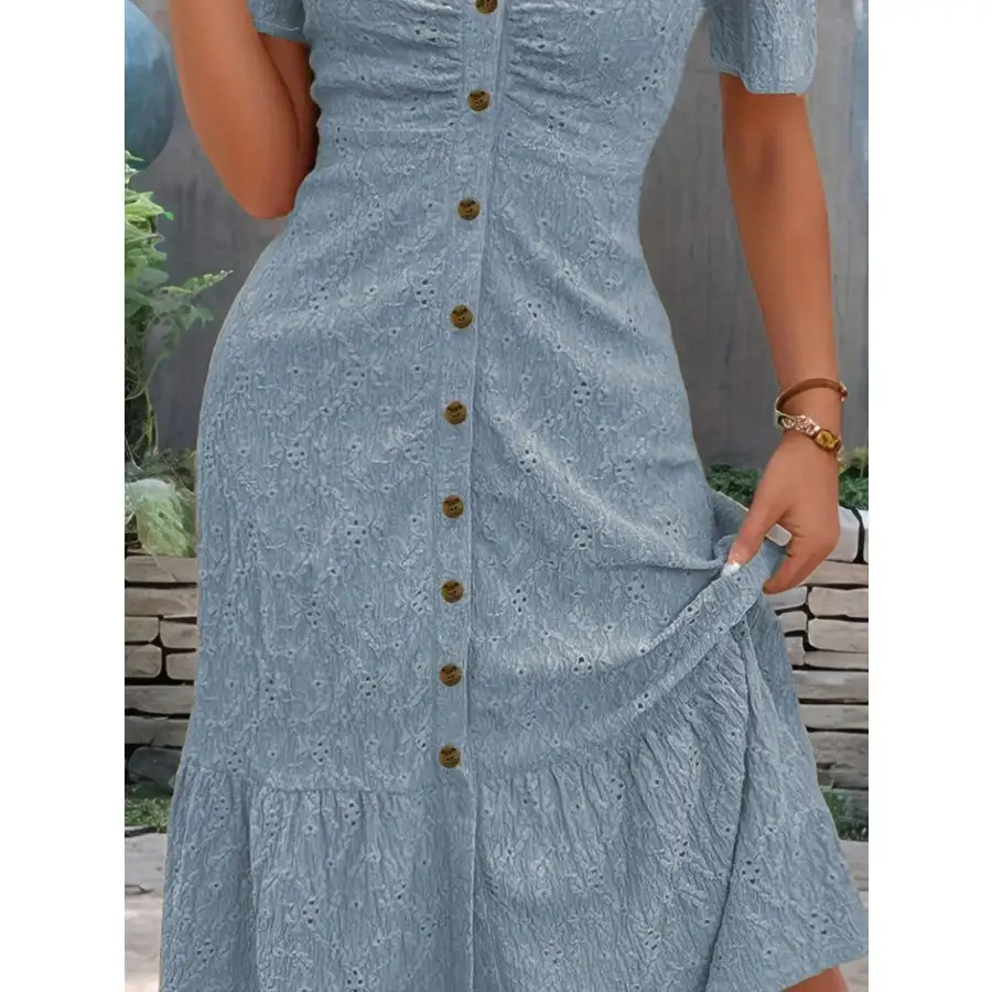 Eyelet Button Front V-Neck Midi Dress
