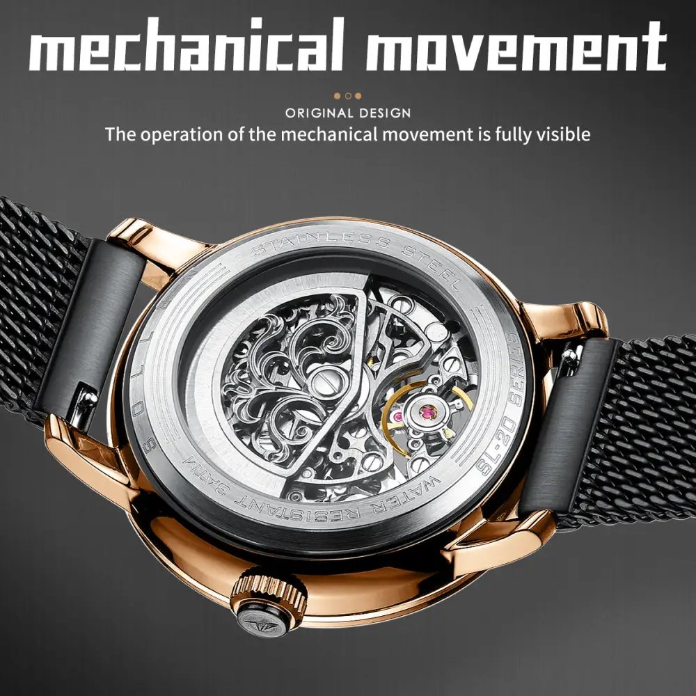 Sollen SL202 Men's Full Skeleton Automatic Mechanical Watch - 42mm Stainless Steel Case Frosted Open Dial Luminous Hands Wristwatch