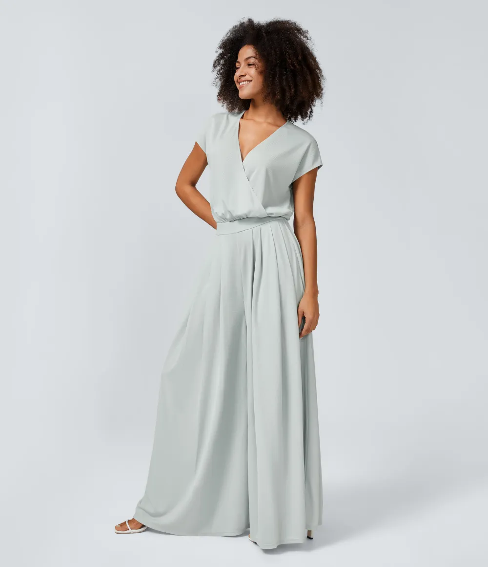 V Neck Short Sleeve Side Pocket Wide Leg Flowy Waffle Casual Jumpsuit