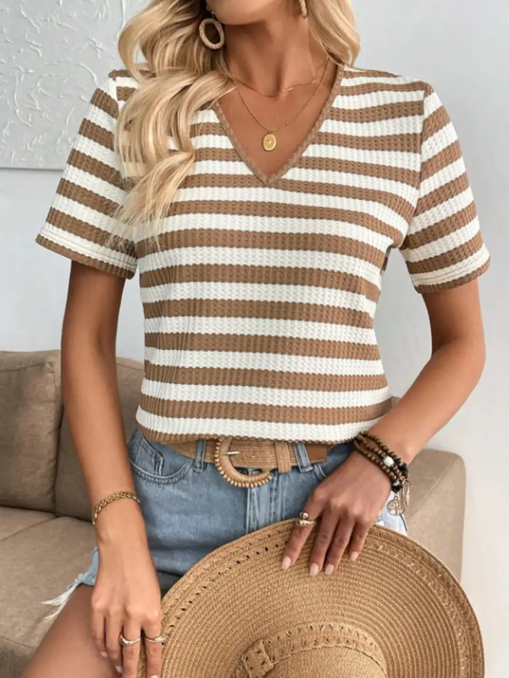V-Neck Short-Sleeve Knit Striped T-Shirt
