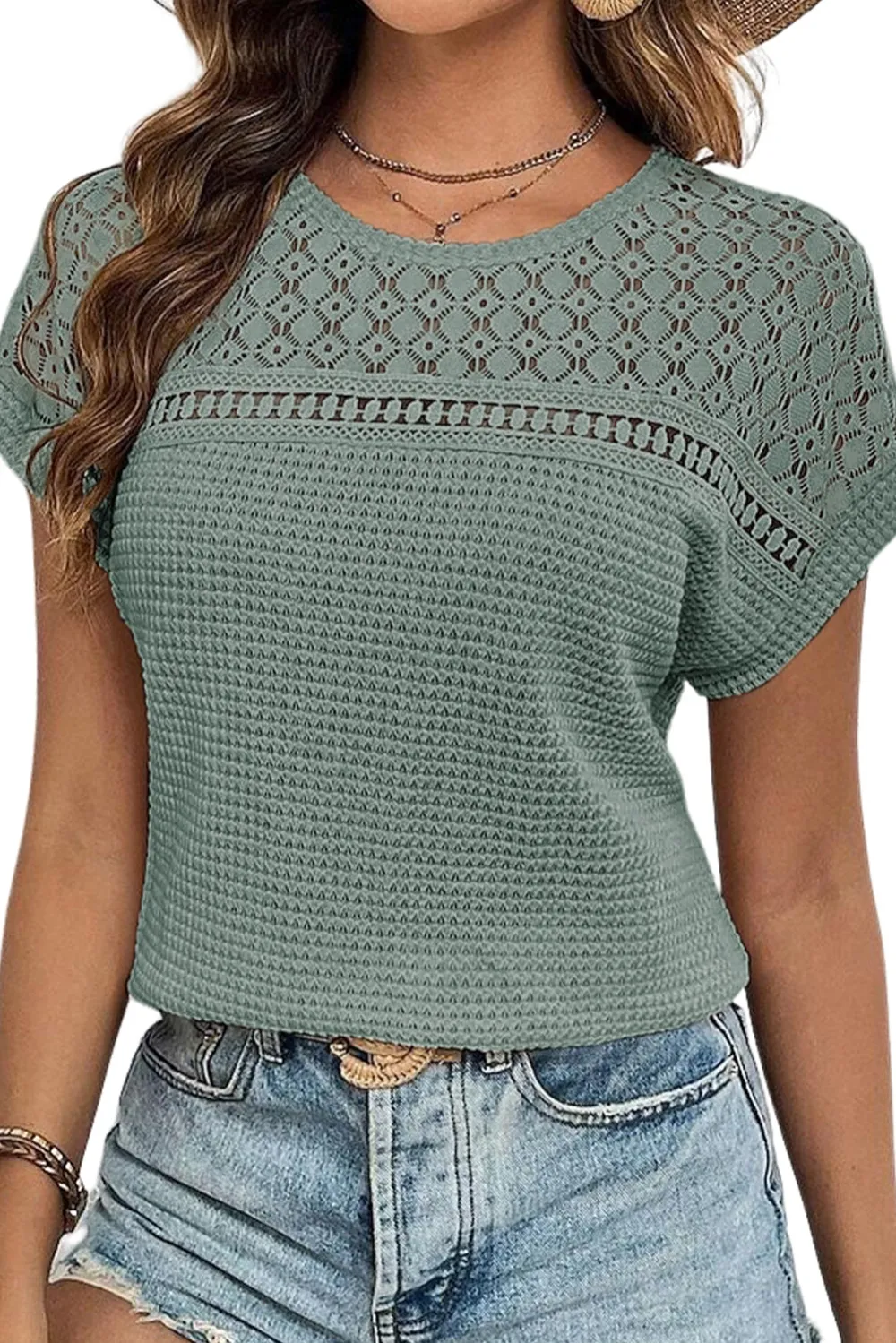 Mist Green Lace Patchwork Waffle Top