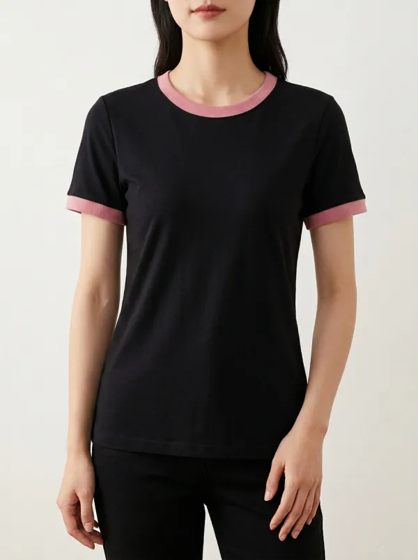 Women's Contrast-Trim Straight-Hem Crewneck Ringer T-Shirt