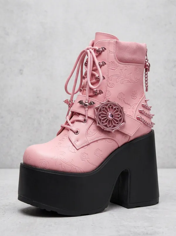 Rebel Skull Rose Chain Design Women's Gothic Platform Boots