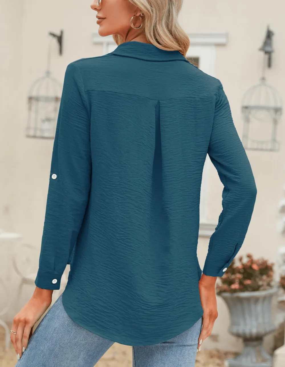 Women's Crinkled Roll-Tab Button Front Blouse